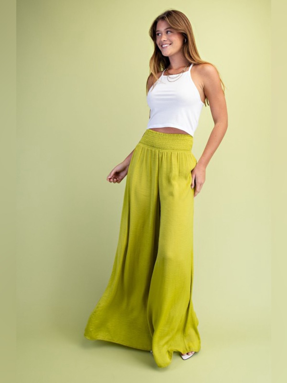 💚 3945. Smocked Waist Wide-Leg Pants in Chartreuse